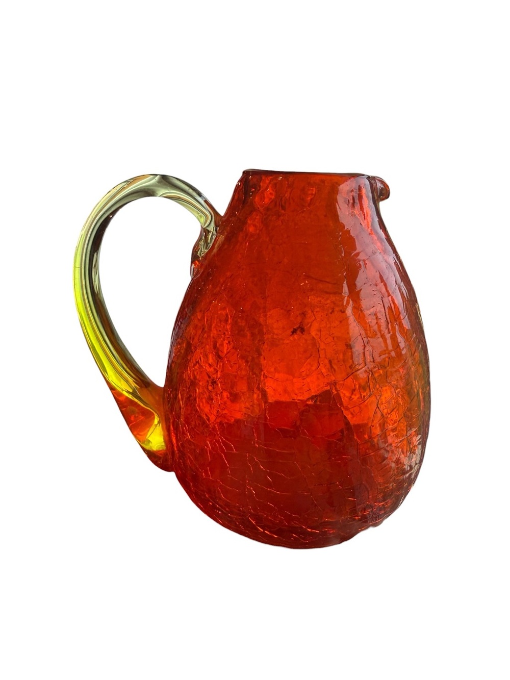 Handblown Orange Crackle Glass Pitcher with Amber-Yellow Handle